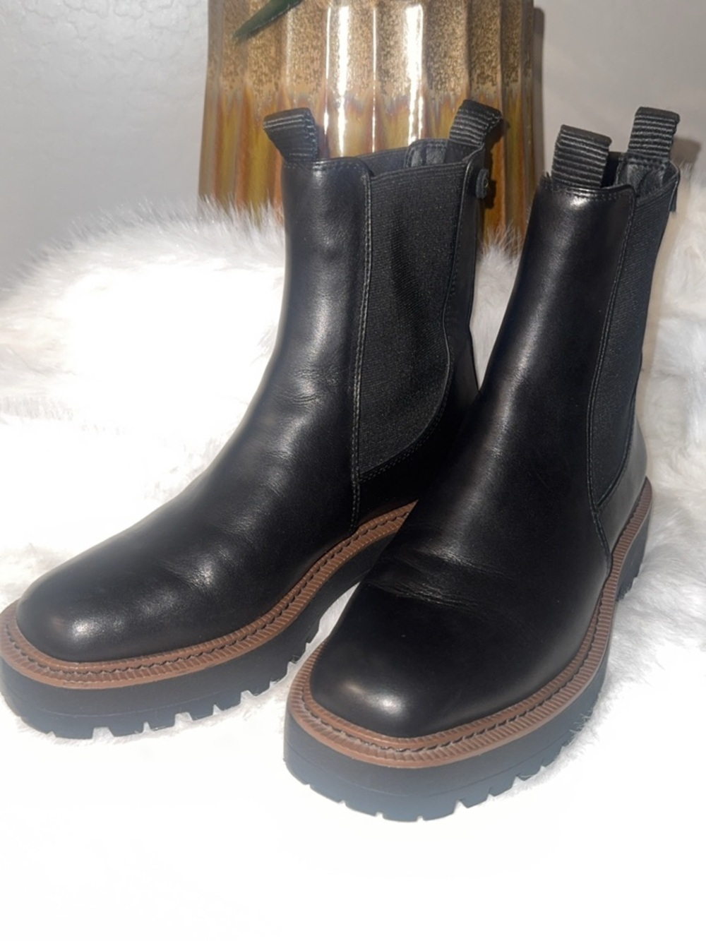 Vince Camuto Black Leather Chelsea Lug Boots with Brown Welt
